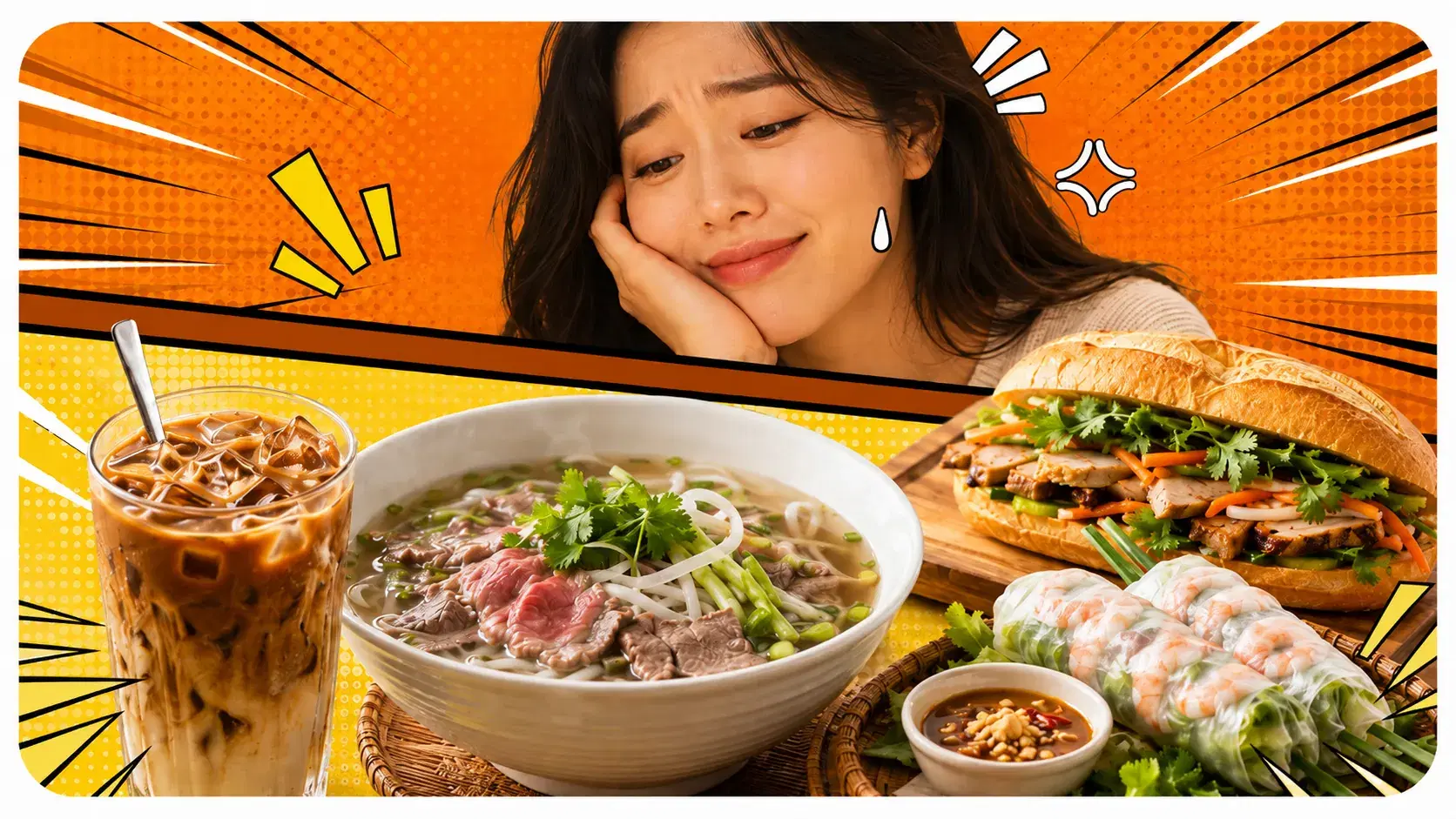Cà phê sữa đá, phở, gỏi cuốn và bánh mì bày trên nền vàng