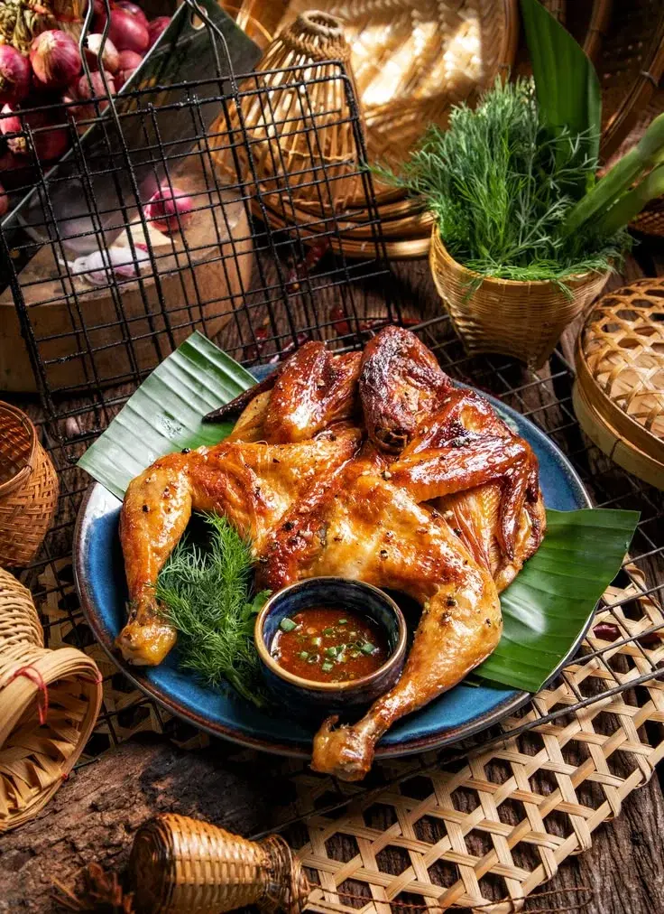 Gà nướng nguyên con bày trên đĩa cùng rau thơm